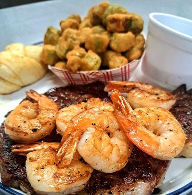 Friday Night Surf n Turf 12oz ribeye with 6 shrimp one side and a house salad. $19.95