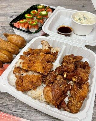 Combo Plate with chicken katsu, sesame chicken, and inari + southbay firecracker roll