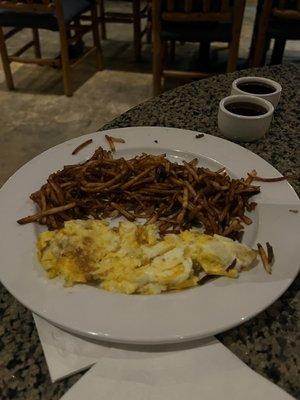 Hash browns and scrambled eggs