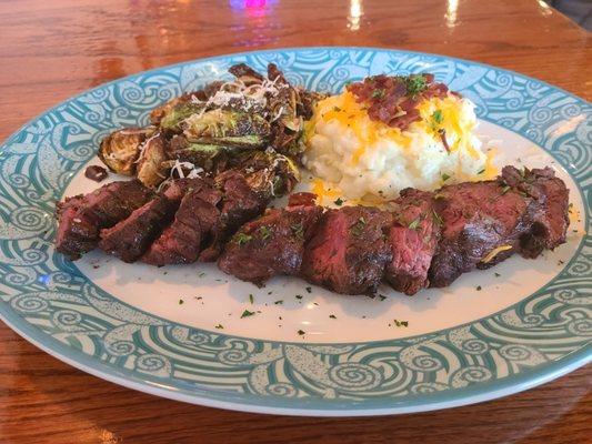 Hanger Steak- Twice Baked Loaded Potatoes, Brussels Sprouts.