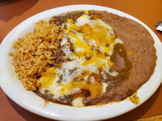 Cheese enchilada with beans and rice.