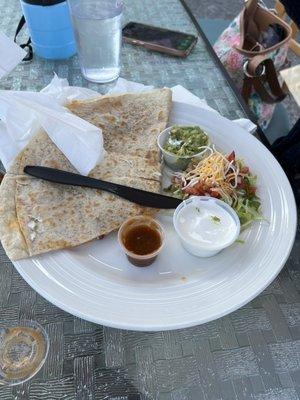 Cheese and pinto bean quesadilla, with marinated pork and pineapple on the side.