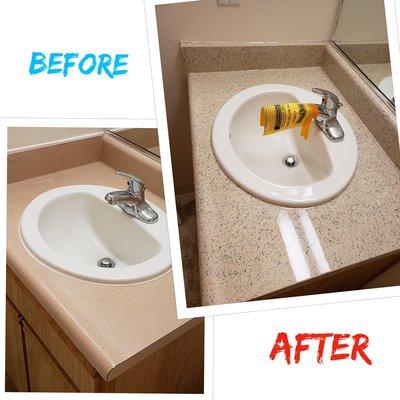 Fórmica bathroom vanity counter top refinished in a stone finish look.