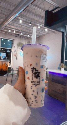 Oolong Milk Tea with purple yam boba and grass jelly