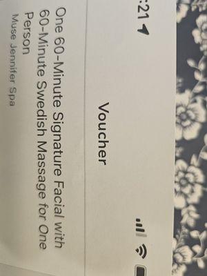 60 min facial with another 60 minute massage for one person. Couldn't book appointment.  They wanted me to come back two separate times.
