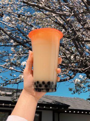 Osmanthus Oolong Tea + oat milk + boba.