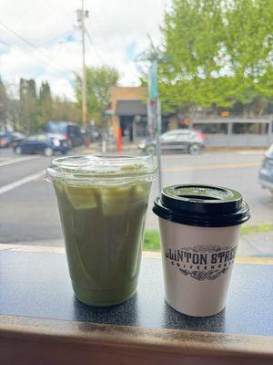 Iced strawberry matcha latte and hot oat milk matcha latte