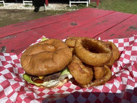 Delicious Burger with Amazing Onion Rings!