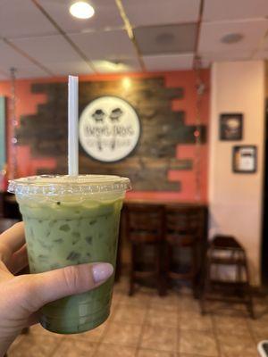 Iced matcha latte with toasted marshmallow