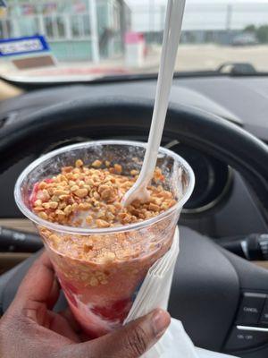 Vanilla Custard Sundae with crunchy peanuts, crushed pineapples, and strawberries