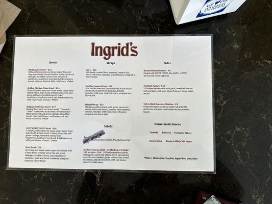 Ingrid's New Menu as of 9/9/24