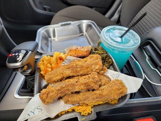 Fried Beef Ribs, collard greens, yellow rice, mac & cheese w/ a Lemonade in the Shade.