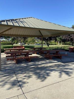 Picnic area is shaded with lots of seating