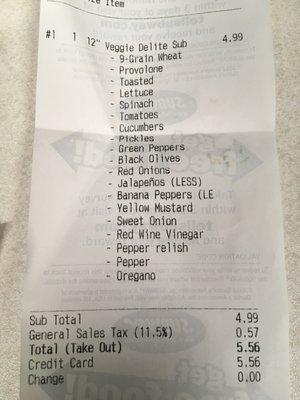 Receipt for online order of $4.99 Veggie Delight!