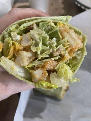 Another view of the Fire Ranch Grilled Shrimp Wrap on a spinach tortilla -lots of flavorful shrimp