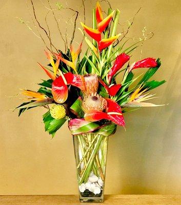 A 36" tall tropical arrangement inspired by our design at Firefish Grill on the Santa Cruz Wharf