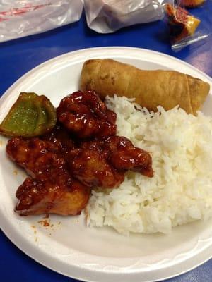 General Tso's Chicken, steamed rice and spring roll.