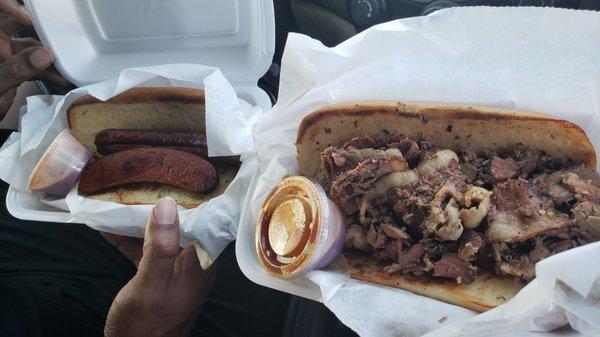 Hot link sandwich and Brisket sandwich.