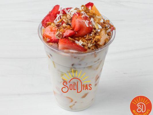 Bionico - Fruit salad drenched in homemade sweet yogurt topped with shredded coconut , granola, pecans and honey