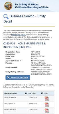 Home maintenance and inspection (HMI Inc) Entity details on the CA Secretary of State page, showing the business owner and address