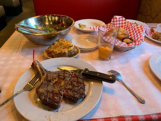 The cowboy is an amazing steak. Great salad on a cold plate goes great with the yeast rolls delicious.