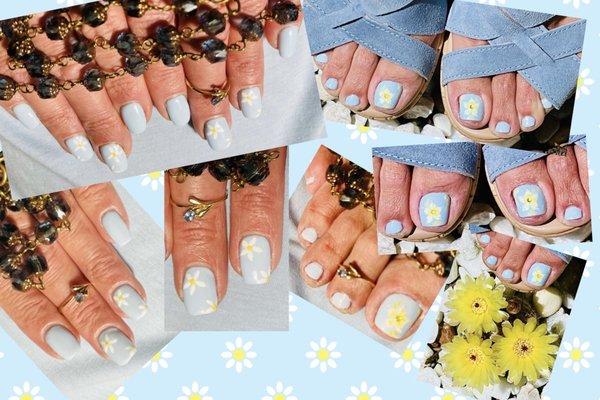 Daisies on light blue mani/pedi by Penny & Linda