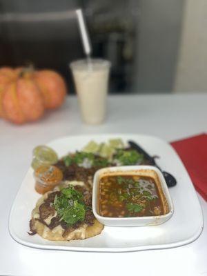 Birria tacos and horchata