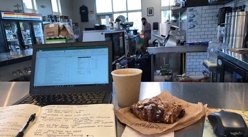 almond croissant and oat milk latte