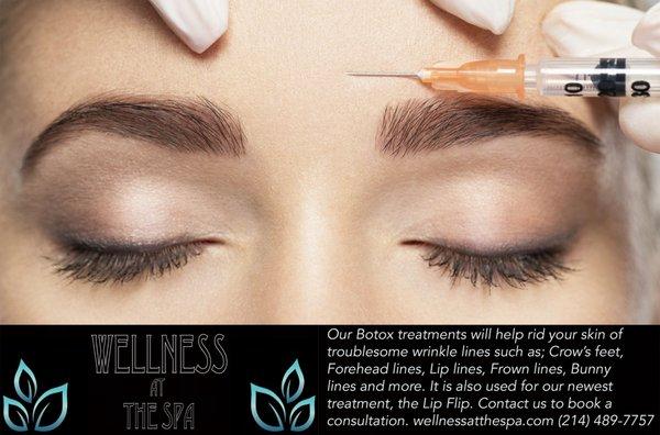 Our Botox treatments at Wellness at the Spa can be used for Lip Flips or to rid yourself of Crow's Feet, forehead, frown, laugh & lips lines