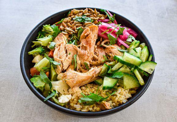 Slow Roasted Chicken Hearty Bowl. Juicy chicken slow roasted for hours to tender perfection