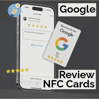 Google review cards, tap the card with your phone to go to review. https://reviewcardsnfc.com