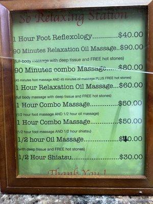 Updated prices. Always a great massage here.