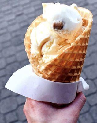 My chocolate chip cookie dough ice cream in a waffle cone