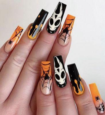 Halloween Nails with Ghost Spider Web - Long  Square.