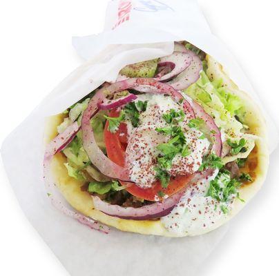 LAMB & BEEF GYROS - Lamb & Beef with Tomatoes, Onions, Bell Peppers, Lettuce & Tzatziki sauce on Gyro Pita Bread.