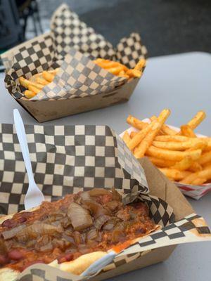 Chili dog w/ caramelized onions, plus a side of fries ($3 extra)