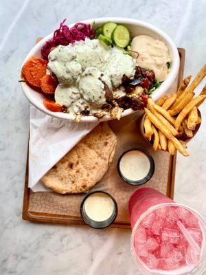 Falafel Salad, Minty Pink Lemonade, Brassica Fries, Pita