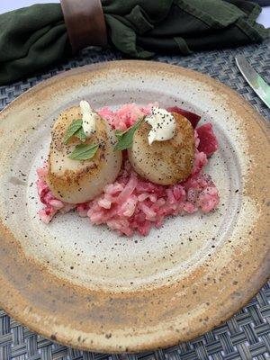 Seared Scallops served with Beet Risotto, Marscapone, Mint, and Poppyseeds