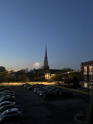 Fireworks at Notre Dame seen from our apartment window.