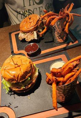 Hot Honey Chicken Sandwich  Genuine Cheese Burger w/ a Veggie Patty's Sweet Potato Fries