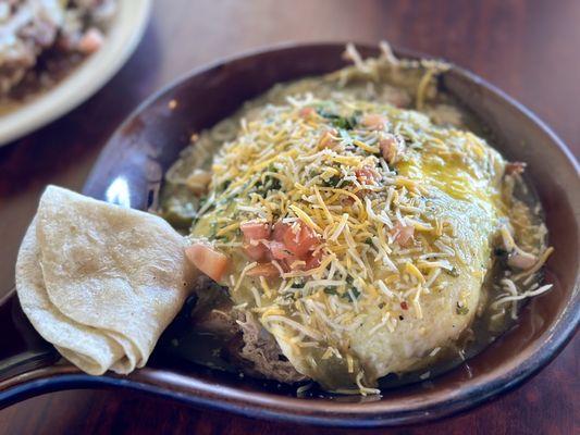 Green Chili Pork Carnitas Skillet eggs over medium