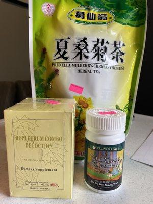 Bupleurum Combo pills, Mulberry Chrysanthemum tea granules, The Great Mender Plum Flower pills