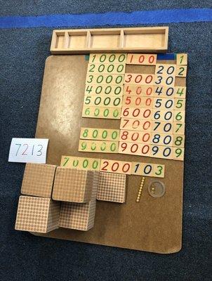 Math - Golden beads, illustrating place value for thousands, hundred, tens, and units.