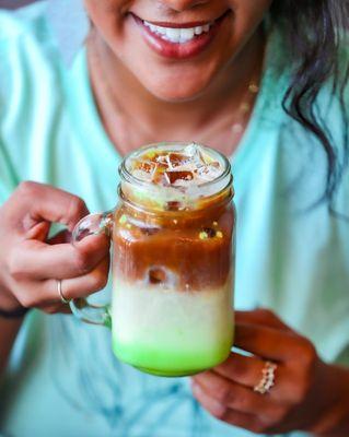 That first look  Our Iced Pistachio Latte  The authentic taste of a pistachio nut infused with our signature espresso blend