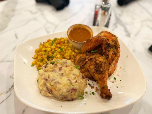 Delta Chicken - firecracker corn, garlic mashed potato and chick'n dip'n sauce