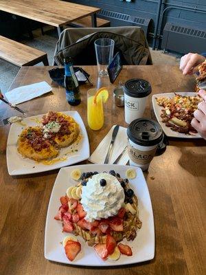 1 shredded pork Waffle, Strawberry Nutella waffle, bacon and cheese waffle, mimosa, coffee