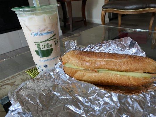 Jasmine milk tea with boba & Banh Mi pork