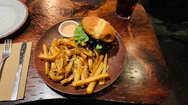 The Bourbon Burger with Sweet Potato Fries. YUMM!