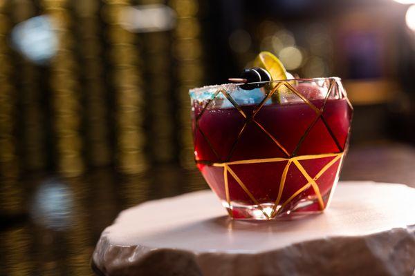 The Billionaire - Reposado Tequila, Grand Marnier, Blueberry Lavender Jam, Vanilla, Lavender Syrup, Lime, Raspberry Ice Sphere