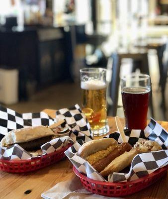 Sausage plates, veggie on left.  Great dopplebach on right